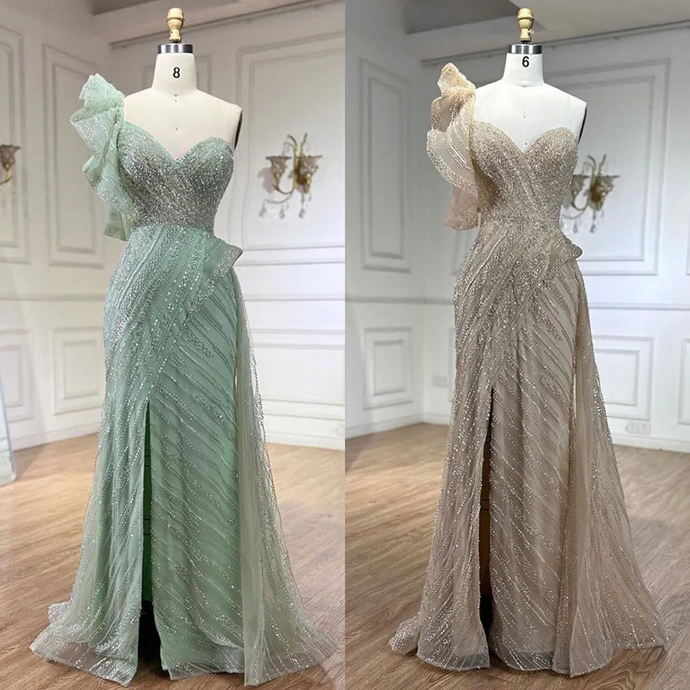 One-Shoulder nude Mermaid With Overskirt Beaded Evening Dress Gown for Women's Wedding Party 2025 LA72389
