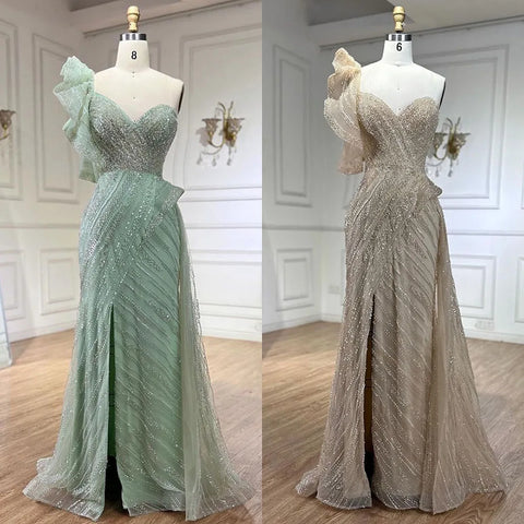 Vestido de noche de sirena con un solo hombro y sobrefalda con cuentas para boda de mujer 2025 LA72389 
