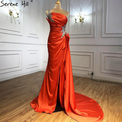 Vestido de noche de sirena con abertura alta en color naranja, elegante y sexy, de un solo hombro, para mujer, para fiesta, LA70896 