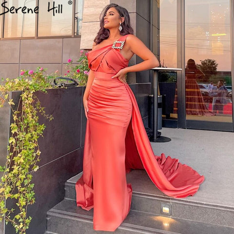 Vestidos de noche de sirena naranja con sobrefalda, elegantes vestidos de fiesta de satén para mujer, LA71403