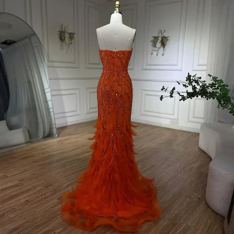 Vestido de noche de sirena con tirantes finos en color naranja, de lujo, con plumas y cuentas, para mujer, ideal para bodas, 2025, LA72272 