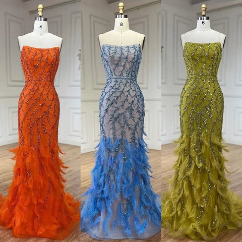 Vestido de noche de sirena con tirantes finos en color naranja, de lujo, con plumas y cuentas, para mujer, ideal para bodas, 2025, LA72272 