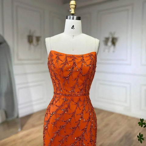 Vestido de noche de sirena con tirantes finos en color naranja, de lujo, con plumas y cuentas, para mujer, ideal para bodas, 2025, LA72272 