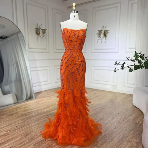 Vestido de noche de sirena con tirantes finos en color naranja, de lujo, con plumas y cuentas, para mujer, ideal para bodas, 2025, LA72272 