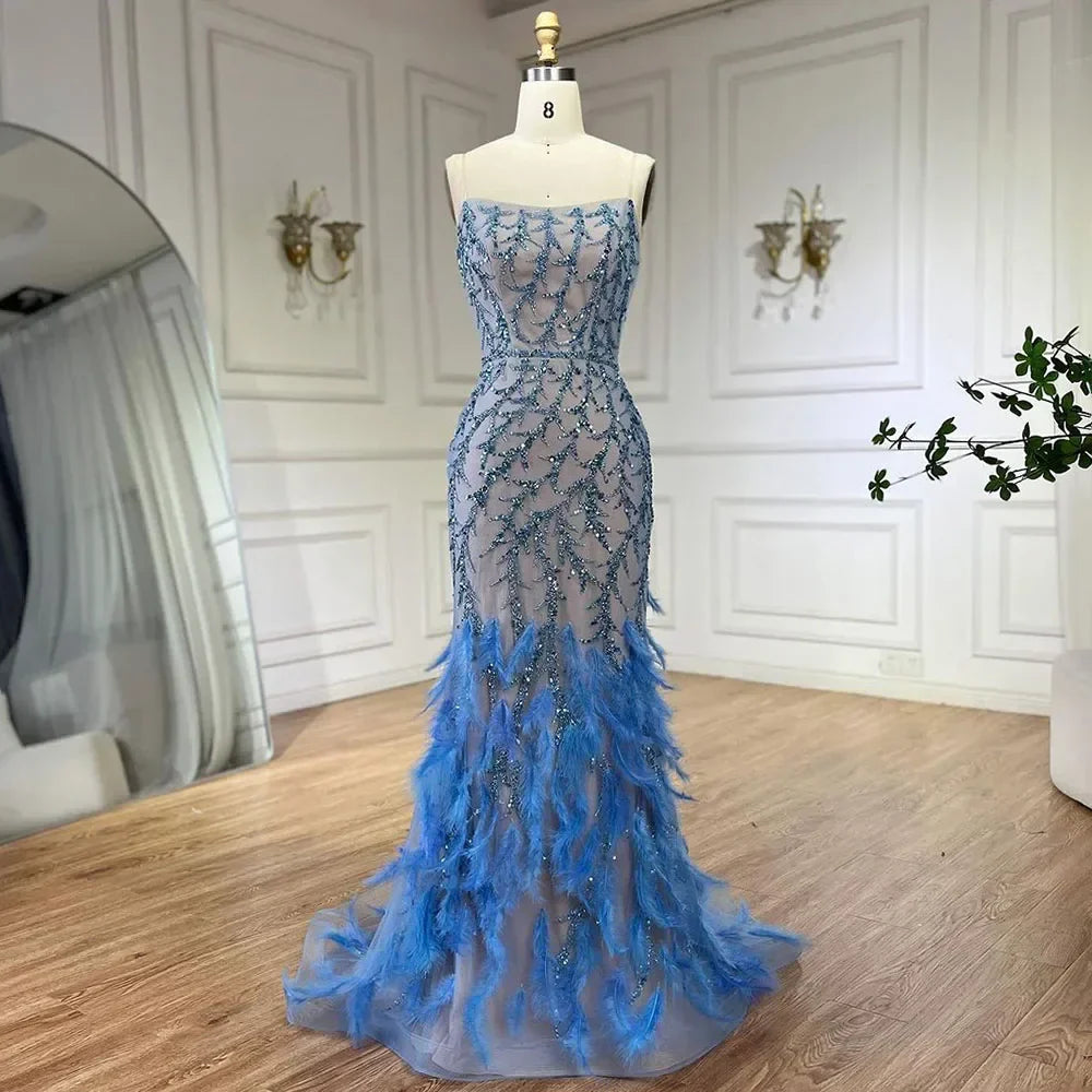 Orange Spaghetti Strap Mermaid Evening Dresses Gowns Luxury Feathers Beaded for Women Wedding Party 2025 LA72272