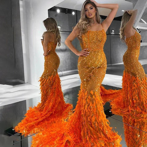 Vestido de noche de sirena con tirantes finos en color naranja, de lujo, con plumas y cuentas, para mujer, ideal para bodas, 2025, LA72272 