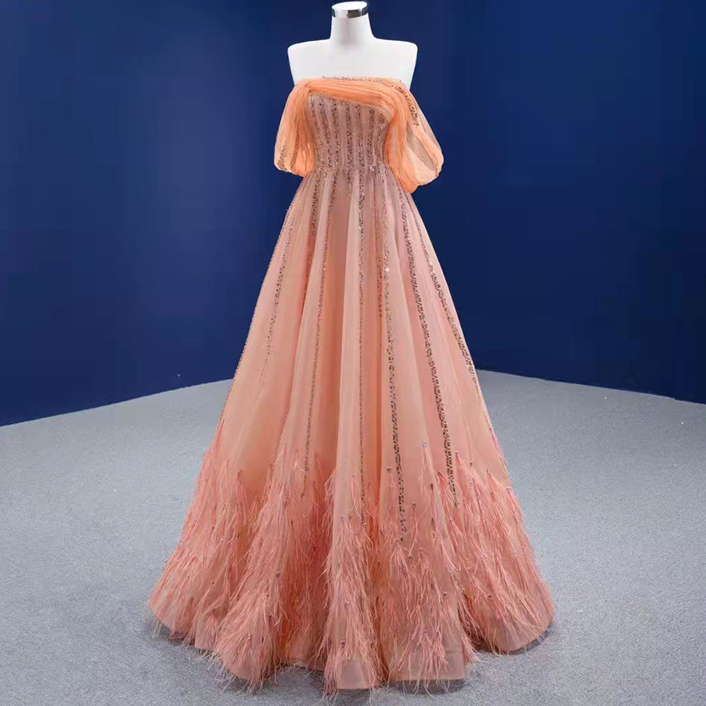 Oranje A-lijn Luxe Avond Jurken 2025 Kralen Strapless Sexy Voor Vrouwen Wedding Party HM67393