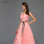 On Sale No Return No Refund Peach Flowers Belt Evening Dresses Gowns 2025 A-Line Cap Sleeves Sexy For Women Party LA60771
