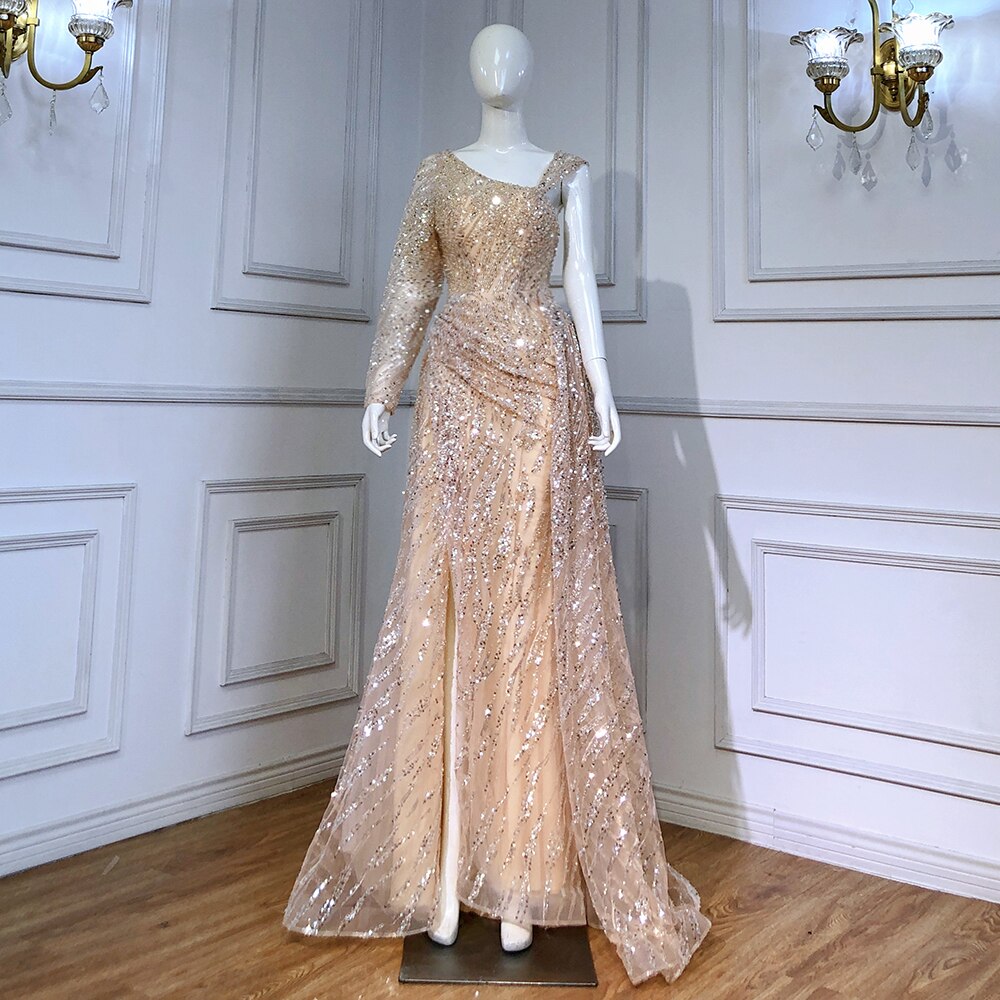 Peach Mermaid Elegant Evening Dresses Gowns 2025 Beaded Luxury Overskirt For Women Party LA71527