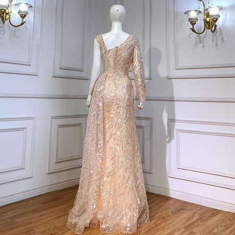 Elegante vestido de noche de sirena color melocotón, 2025, con sobrefalda de lujo y cuentas para mujer, para fiesta, LA71527 