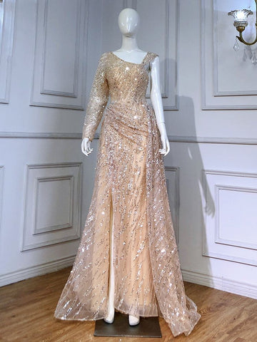 Elegante vestido de noche de sirena color melocotón, 2025, con sobrefalda de lujo y cuentas para mujer, para fiesta, LA71527 