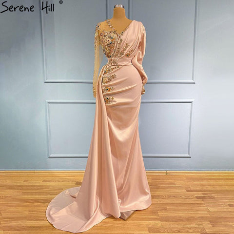 Vestidos de noche de satén color melocotón con corte sirena, elegantes sobrefalda con cuentas para mujer, para fiesta, LA71344 