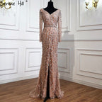 Peach Mermaid V-Neck Evening Dresses  2025 Dubai Long Sleeves Beading Formal Dress Design LA70499