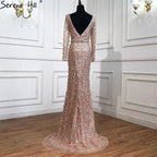 Peach Mermaid V-Neck Evening Dresses  2025 Dubai Long Sleeves Beading Formal Dress Design LA70499