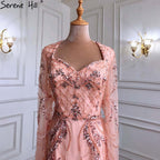 Peach Mermaid With Train Cocktail Dresses 2025 Beading Feathers Elegant Designer For Women Party LA71113