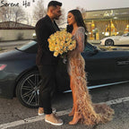 Peach Mermaid With Train Cocktail Dresses 2025 Beading Feathers Elegant Designer For Women Party LA71113