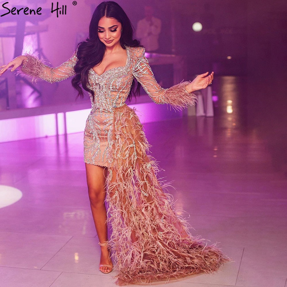 Peach Mermaid With Train Cocktail Dresses 2025 Beading Feathers Elegant Designer For Women Party LA71113