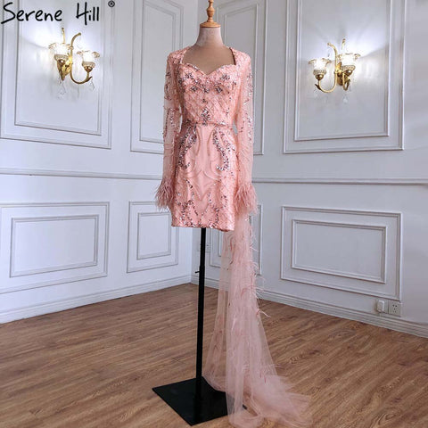 Vestidos de cóctel color melocotón con cola y plumas, elegantes vestidos de diseño para mujer, para fiesta, LA71113 