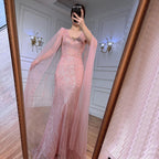 Peach Pink Mermaid Elegant Cape Sleeves Beaded Evening Dresses  Formal Arabic Gowns 2025 For Women Party LA72038