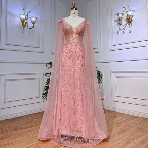 Vestido de noche elegante de sirena rosa melocotón con mangas estilo capa y cuentas, estilo árabe formal 2025 para mujer, fiesta LA72038 