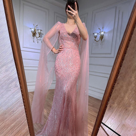 Vestido de noche elegante de sirena rosa melocotón con mangas estilo capa y cuentas, estilo árabe formal 2025 para mujer, fiesta LA72038 