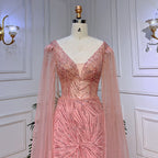 Peach Pink Mermaid Elegant Cape Sleeves Beaded Evening Dresses  Formal Arabic Gowns 2025 For Women Party LA72038