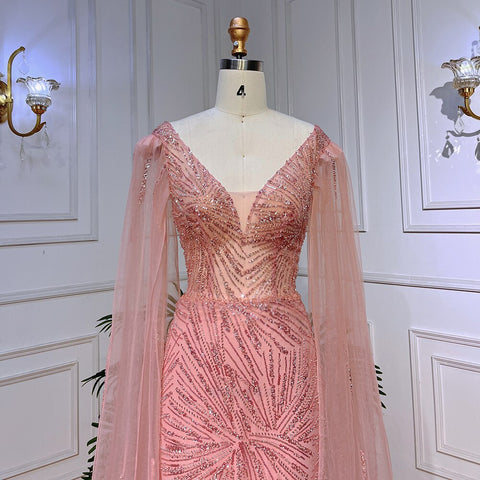 Vestido de noche elegante de sirena rosa melocotón con mangas estilo capa y cuentas, estilo árabe formal 2025 para mujer, fiesta LA72038 