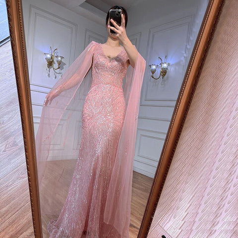 Vestido de noche elegante de sirena rosa melocotón con mangas estilo capa y cuentas, estilo árabe formal 2025 para mujer, fiesta LA72038 