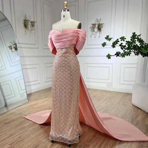 Luxury Off Shoulder Pink Evening Dress with Cape LA72325