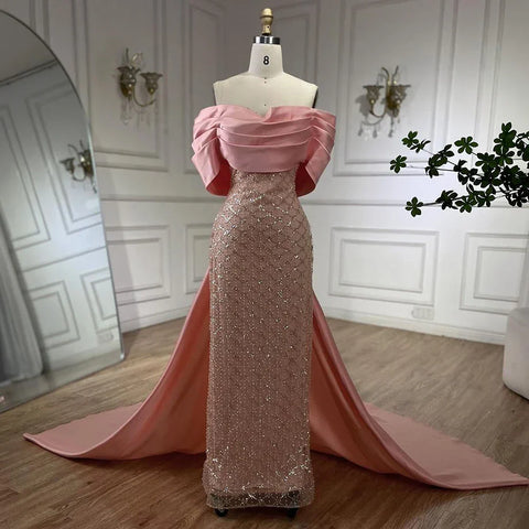 Luxury Off Shoulder Pink Evening Dress with Cape LA72325