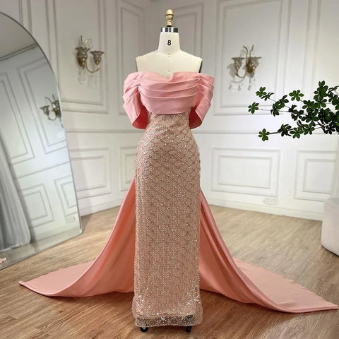 Luxury Off Shoulder Pink Evening Dress with Cape LA72325