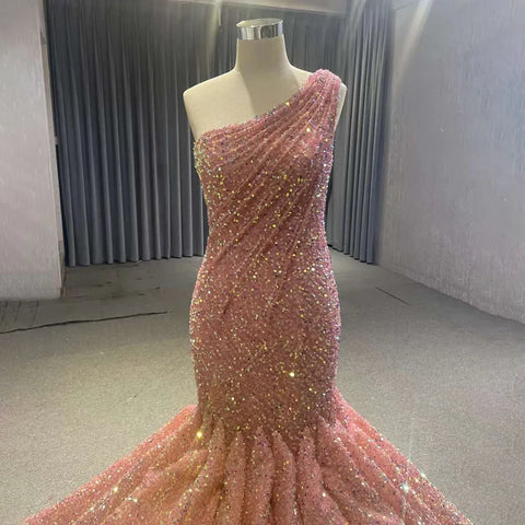 Vestido de novia de lujo estilo sirena, con un solo hombro, encaje, lentejuelas y cuentas, 2025, alta gama, hecho a medida, HM67447 