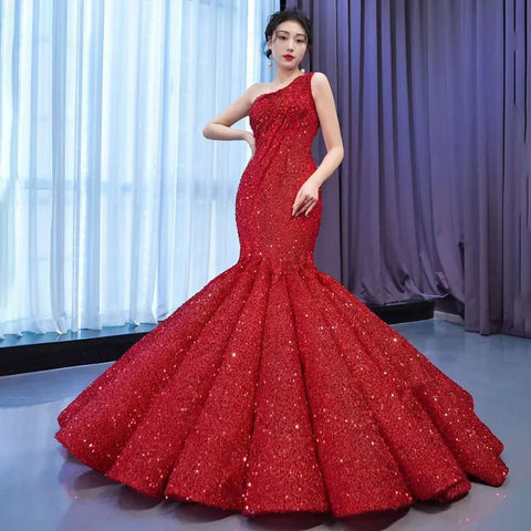 Vestido de novia de lujo estilo sirena, con un solo hombro, encaje, lentejuelas y cuentas, 2025, alta gama, hecho a medida, HM67447 