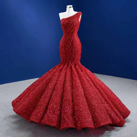 Vestido de novia de lujo estilo sirena, con un solo hombro, encaje, lentejuelas y cuentas, 2025, alta gama, hecho a medida, HM67447 