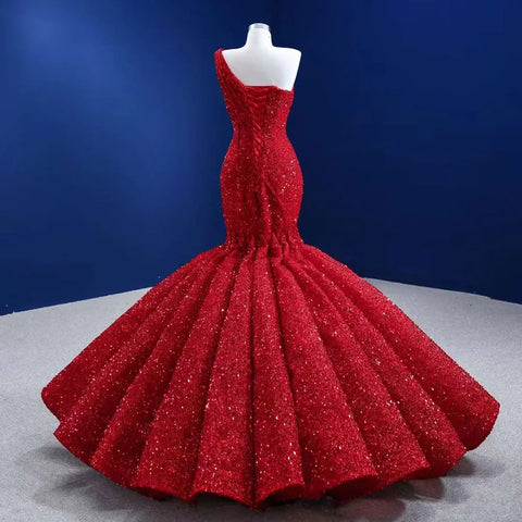 Vestido de novia de lujo estilo sirena, con un solo hombro, encaje, lentejuelas y cuentas, 2025, alta gama, hecho a medida, HM67447 