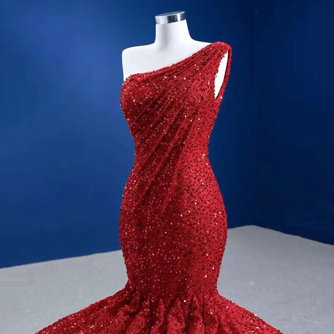 Vestido de novia de lujo estilo sirena, con un solo hombro, encaje, lentejuelas y cuentas, 2025, alta gama, hecho a medida, HM67447 