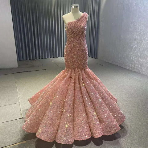 Vestido de novia de lujo estilo sirena, con un solo hombro, encaje, lentejuelas y cuentas, 2025, alta gama, hecho a medida, HM67447 