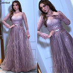 Pink  A-Line Dubai Design Feathers Long Sleeves Luxury Beaded Evening Dresses Gowns For Women Party 2025 LA60836