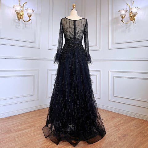 Vestido de noche rosa de corte A con diseño de Dubái, plumas, mangas largas, lujoso, con cuentas, para mujer, fiesta 2025, LA60836