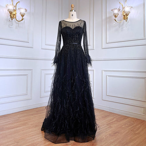 Vestido de noche rosa de corte A con diseño de Dubái, plumas, mangas largas, lujoso, con cuentas, para mujer, fiesta 2025, LA60836