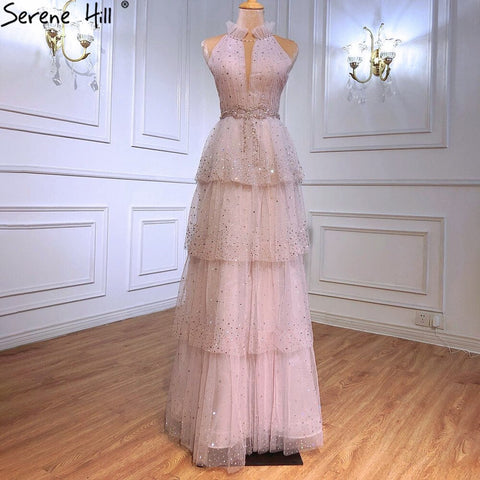 Vestidos de noche de lujo en color rosa, corte A, 2025, cuello halter, cuentas, tul escalonado para mujer, fiesta LA70806 