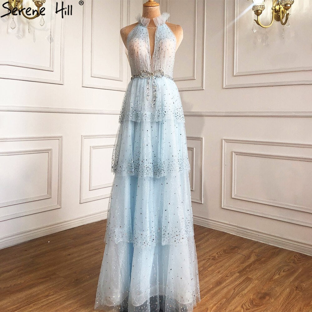 Pink A-Line Luxury Evening Dresses 2025 Halter Beaded Tiered Tulle For Women Party LA70806