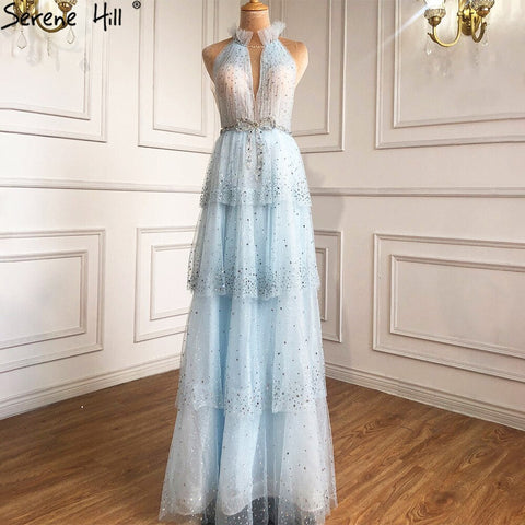 Vestidos de noche de lujo en color rosa, corte A, 2025, cuello halter, cuentas, tul escalonado para mujer, fiesta LA70806 