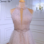 Pink A-Line Luxury Evening Dresses 2025 Halter Beaded Tiered Tulle For Women Party LA70806