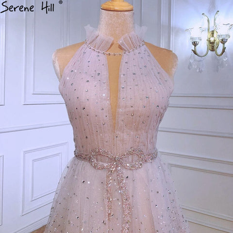 Vestidos de noche de lujo en color rosa, corte A, 2025, cuello halter, cuentas, tul escalonado para mujer, fiesta LA70806 