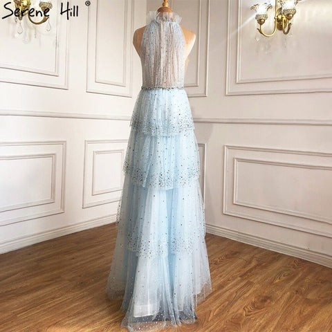 Vestidos de noche de lujo en color rosa, corte A, 2025, cuello halter, cuentas, tul escalonado para mujer, fiesta LA70806 