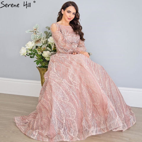 Sale Pink A-Line Luxury Evening Dresses 2025 lantern Long Sleeves Beading Lace Formal Dress LA70676