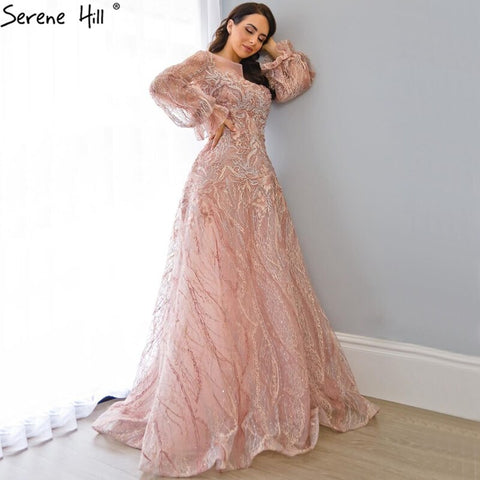 Sale Pink A-Line Luxury Evening Dresses 2025 lantern Long Sleeves Beading Lace Formal Dress LA70676
