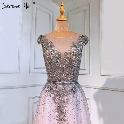 Vestidos de noche de lujo en color rosa, corte A, con mangas casquillo y cuentas, para mujer, para fiesta de bodas, LA71294 