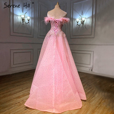 Vestidos de noche de lujo en color rosa, corte A, con plumas y cuentas, para mujer, para boda, fiesta, LA70901 